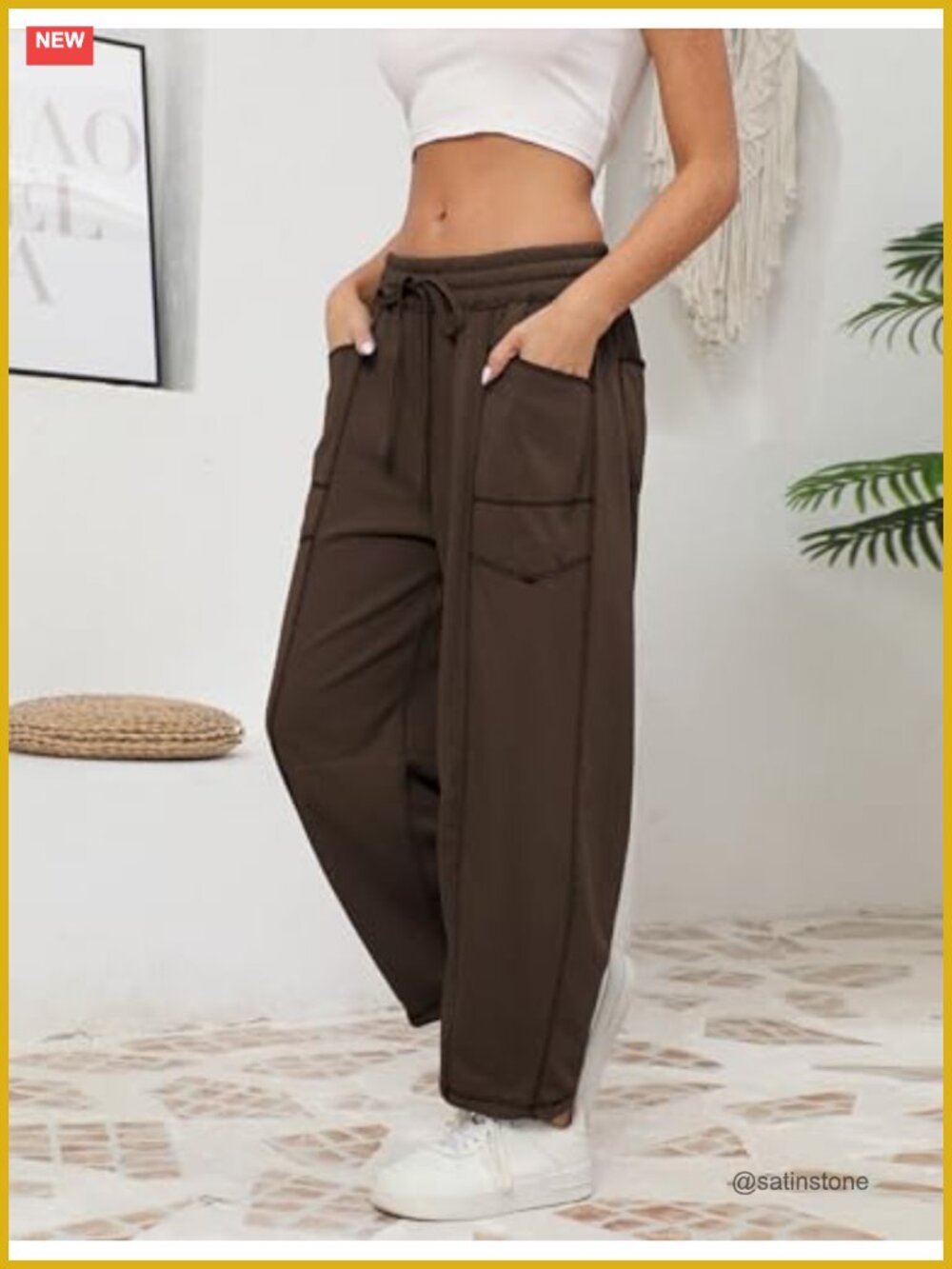 Wide Leg Lounge Sweatpants with Pockets, Baggy Barrel Pants, Drawstring Waist, - Picture 5 of 6